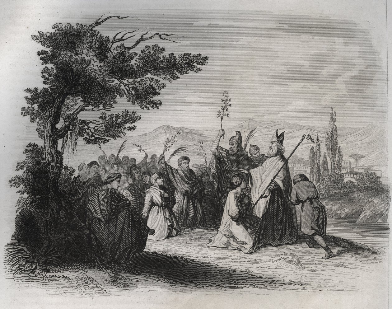 Saint Hilaire de Poitiers (310-368) vracející se z exilu. Rytina z roku 1846 v „Životech svatých““. Soukromá sbírka. od Anonymous Anonymous