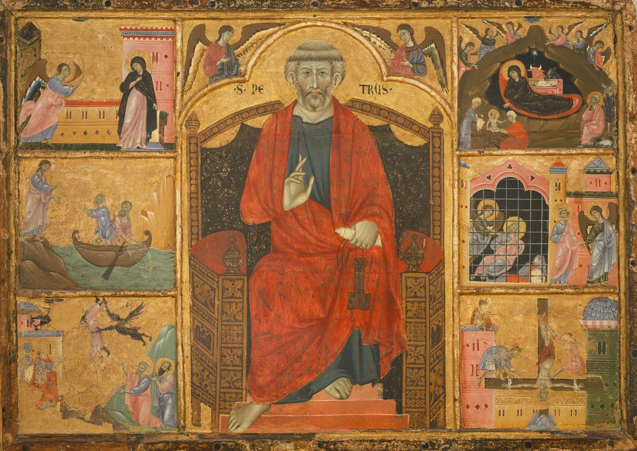 Svatý Petr na trůnu obklopený biblickými výjevy (malba na dřevě) od Anonymous Anonymous