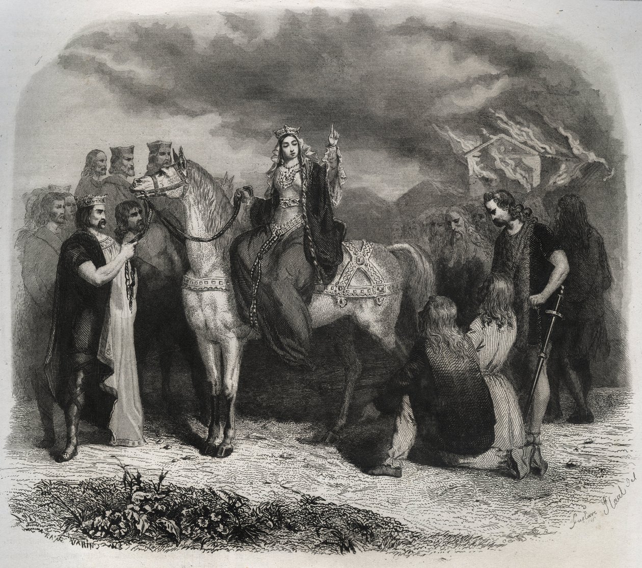 Svatý Radegonde (Radegonde de Poitiers, 519-587) vypálil paianský chrám a obrátil Galy na křesťanské náboženství. Rytina z roku 1846 v „Životech svatých““. Soukromá sbírka. od Anonymous Anonymous