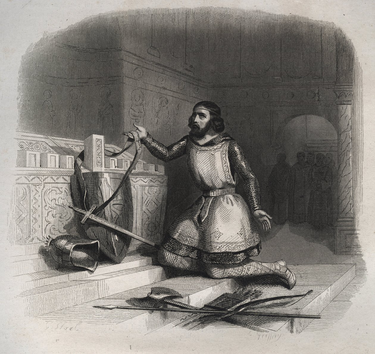 Svatý Vilém Akvitánský (Guilhem z Gellone) (asi 750/755-812/815) pokládá ruce na hrob svatého Juliána mučedníka v Brioude. Rytina z roku 1846 v „Životech svatých““. Soukromá sbírka. od Anonymous Anonymous