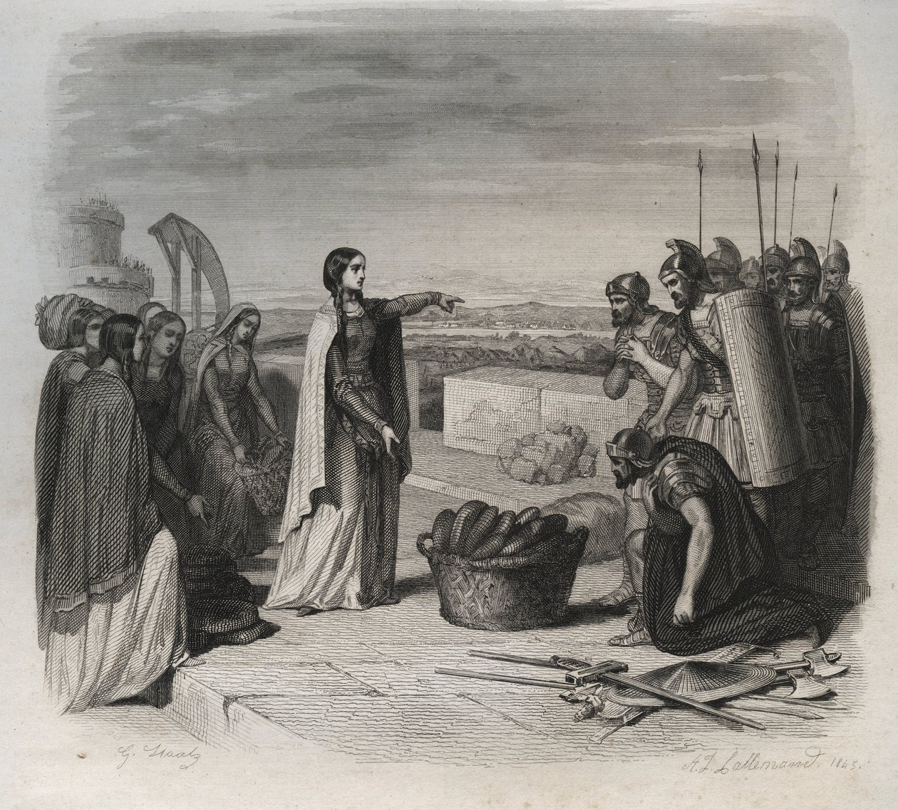 Sainte Genevieve rozdávala jídlo lidem během obléhání Paříže armádou Hunů z Attily v roce 451 (barbarské invaze). Rytina z roku 1846 v „Životech svatých““. Soukromá sbírka. od Anonymous Anonymous