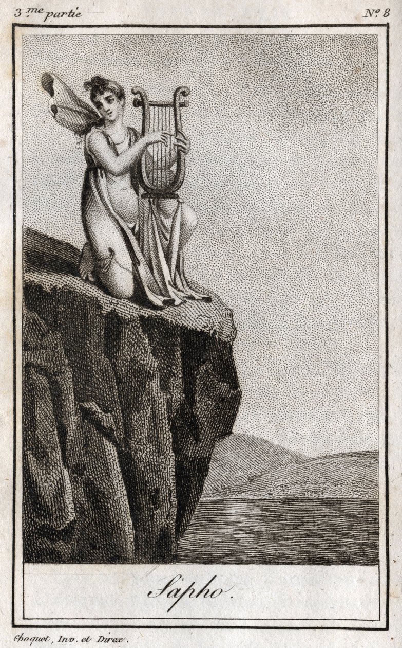 Sapho (nebo Sappho, 7. stol. př. n. l.), řecký básník antiky. Rytina z roku 1819 v „Lettres a Emilie sur la mythologie“ od Charlese Alberta Demoustiera (1760-1801). Soukromá sbírka. od Anonymous Anonymous