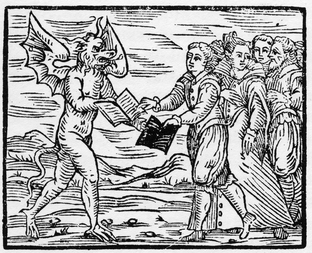 Satan předává následovníkům černou knihu výměnou za knihu evangelií - „Compendium Maleficarum“, pojednává o čarodějnicích, jejich neštěstí a jejich třídění od Francesca Maria Guazza nebo Guacca nebo Guaccia (15?? -16??) Soukromá sbírka 1608 od Anonymous Anonymous