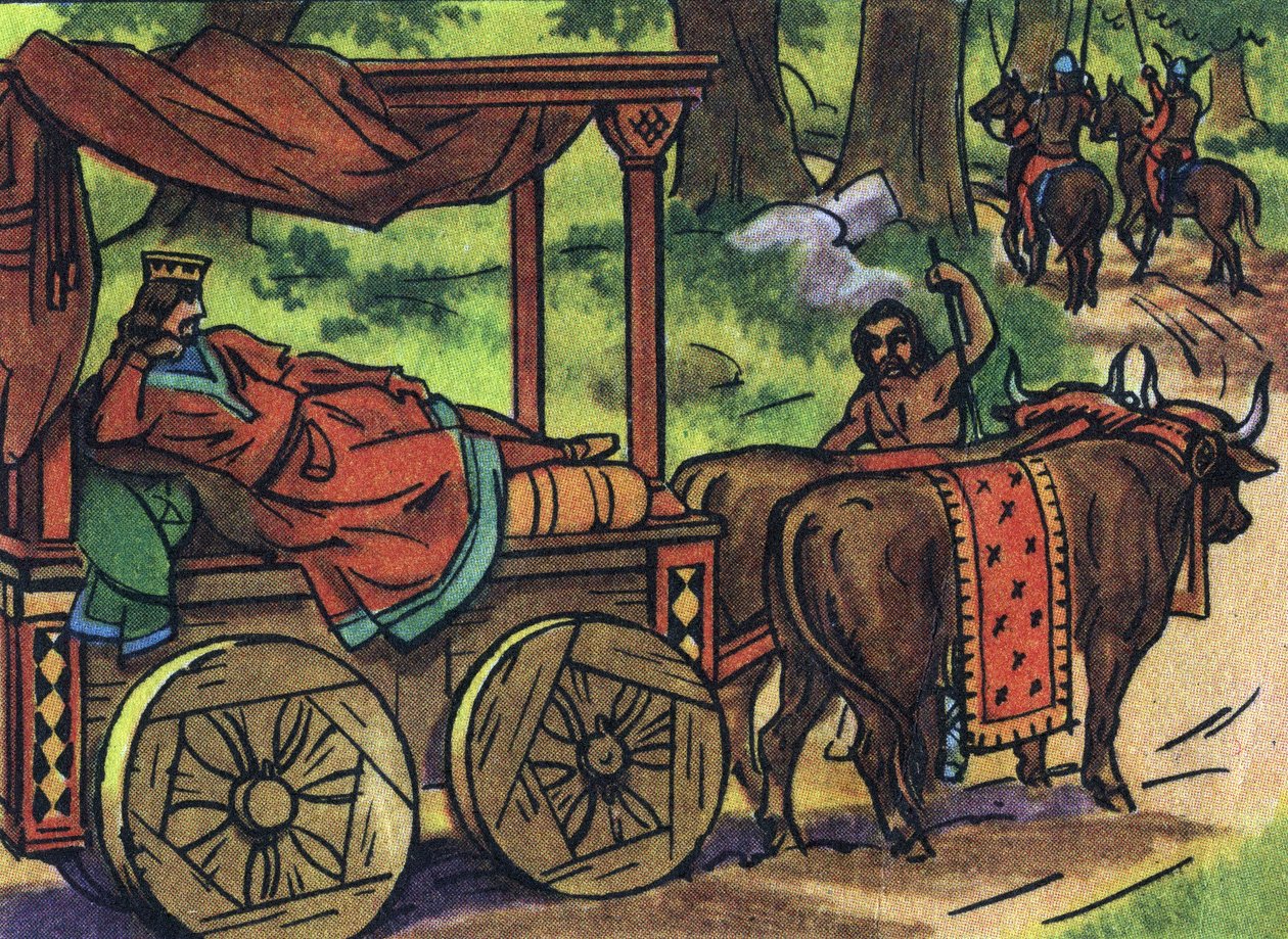 Scéna znázorňující líné krále: Francouzský král Thierry III. (673-691) nese v nádrži s postelí taženou voly. Anonymní ilustrace v “” Collection des souverains et chefs d