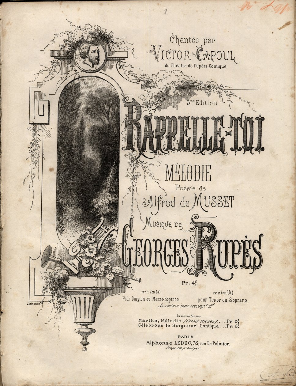 Partitura melodie „“ Remember-se ““ od Georgese Rupese po poezii Aldreho de Musseta. Soukromá sbírka. od Anonymous Anonymous