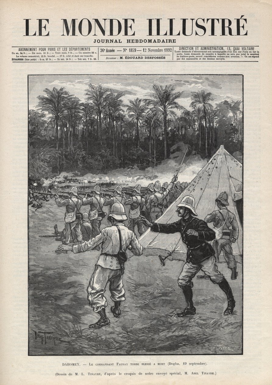 Druhá válka Dahomey (1892-1894): smrt francouzského velitele Fauraxe během bitvy u Dogba dne 19. září 1892 v Dahomey (nyní Benin). Noviny. Rytina v „Le monde illustree““ z roku 1892. Soukromá sbírka. od Anonymous Anonymous