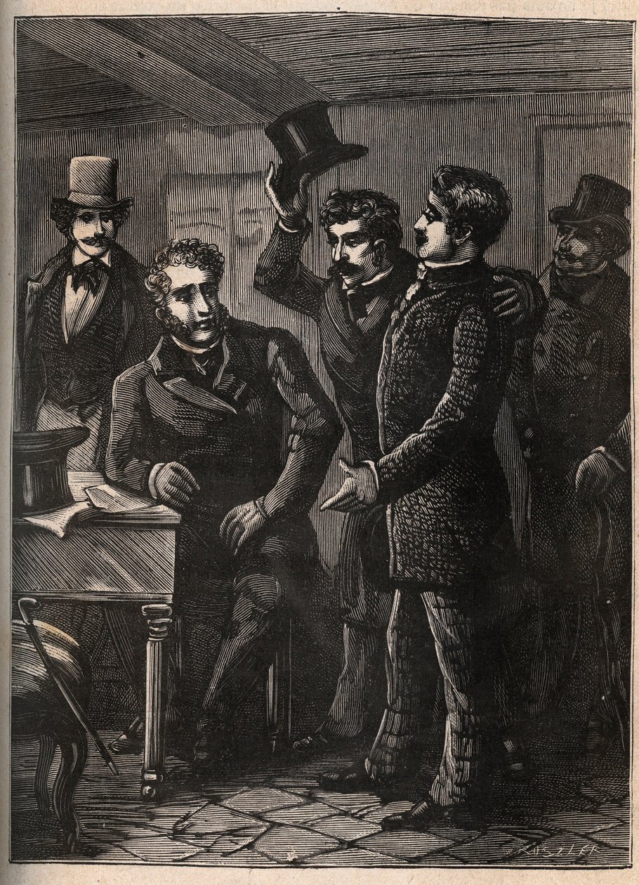 Seržant Charles Goubin (1798-1822) je zatčen Eugenem-Francoisem (Eugene Francois) Vidocqem – rytina do „Čtyři seržanti z La Rochelle grand rect historique et dramatique““ od Julese Beaujointa – kolem roku 1900 od Anonymous Anonymous