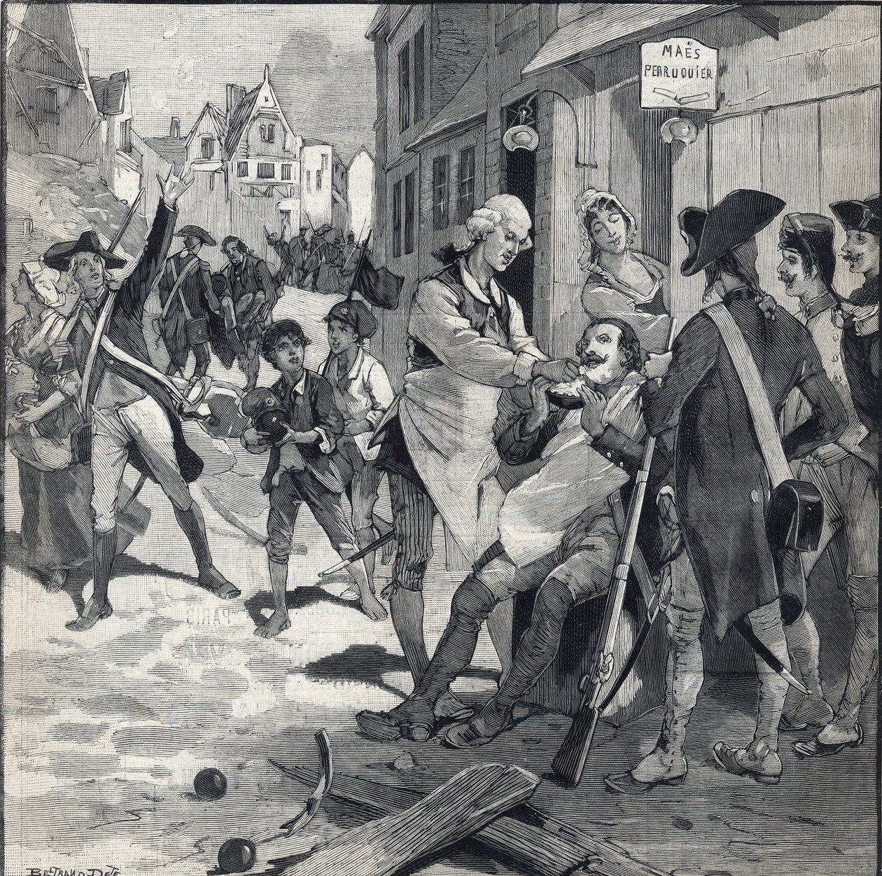 Obležení Lille v roce 1792: Maes paruka s použitím střepiny bomby jako misky na vousy k holení klienta. Rytina v „“Le petit parisien““ dne 16.10.1892. Soukromá sbírka od Anonymous Anonymous