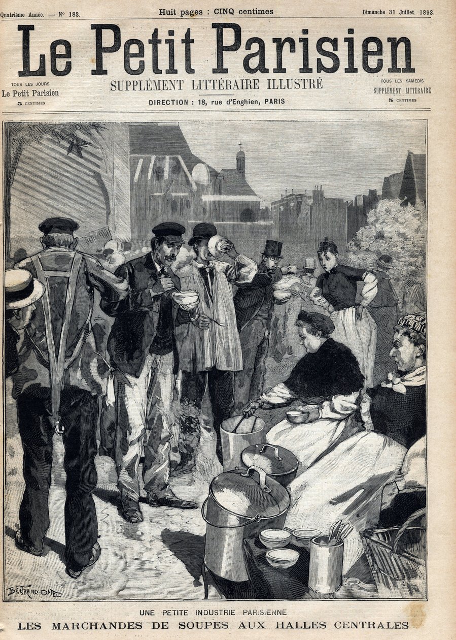 Malý pařížský průmysl: obchodníci s polévkami na centrálních trzích. Rytina. Jeden z novin ""Le petit parisien"" dne 31.7.1892. Soukromá sbírka od Anonymous Anonymous