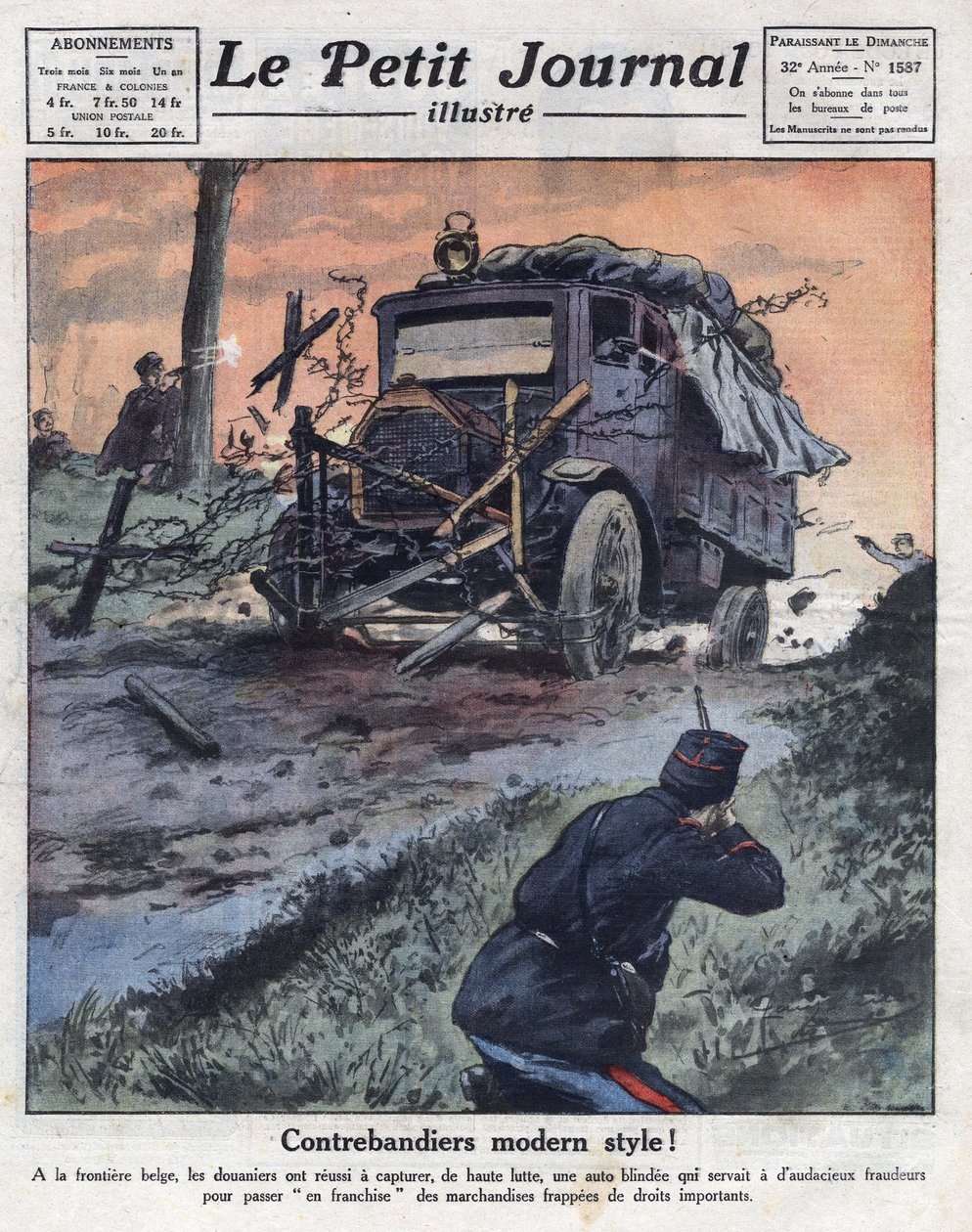Pašeráci na palubě obrněného vozu naloženého balíčky tabáku násilím překročili belgickou hranici a celníci je zneškodnili. Ilustrace převzata z „Le petit journal illustrious“““ z 22.5.1921. Soukromá sbírka od Anonymous Anonymous