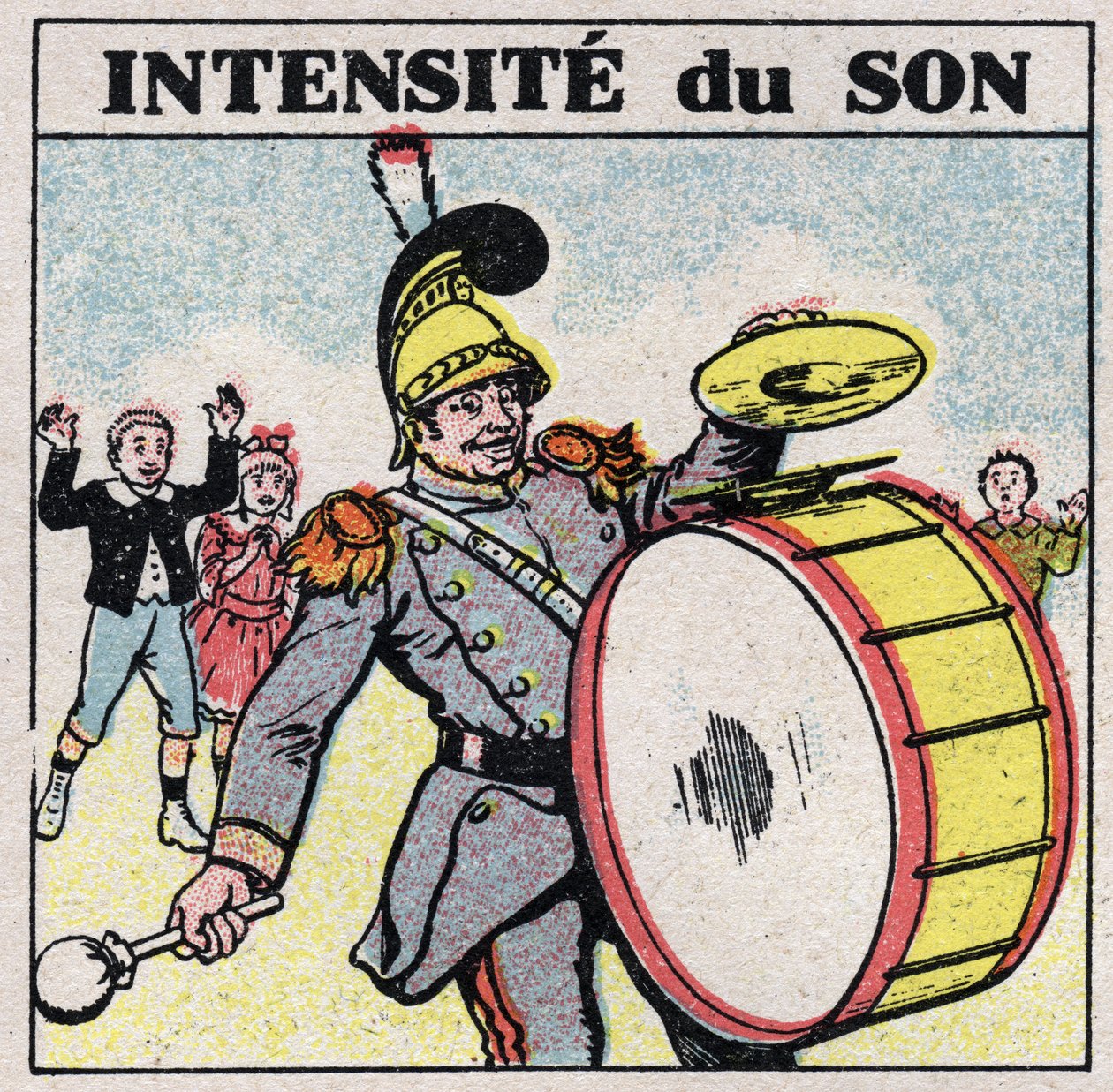 Zvuková energie: intenzivní zvuk. Basový buben vojenské kapely. Anonymní ilustrace z roku 1925. Soukromá sbírka. od Anonymous Anonymous