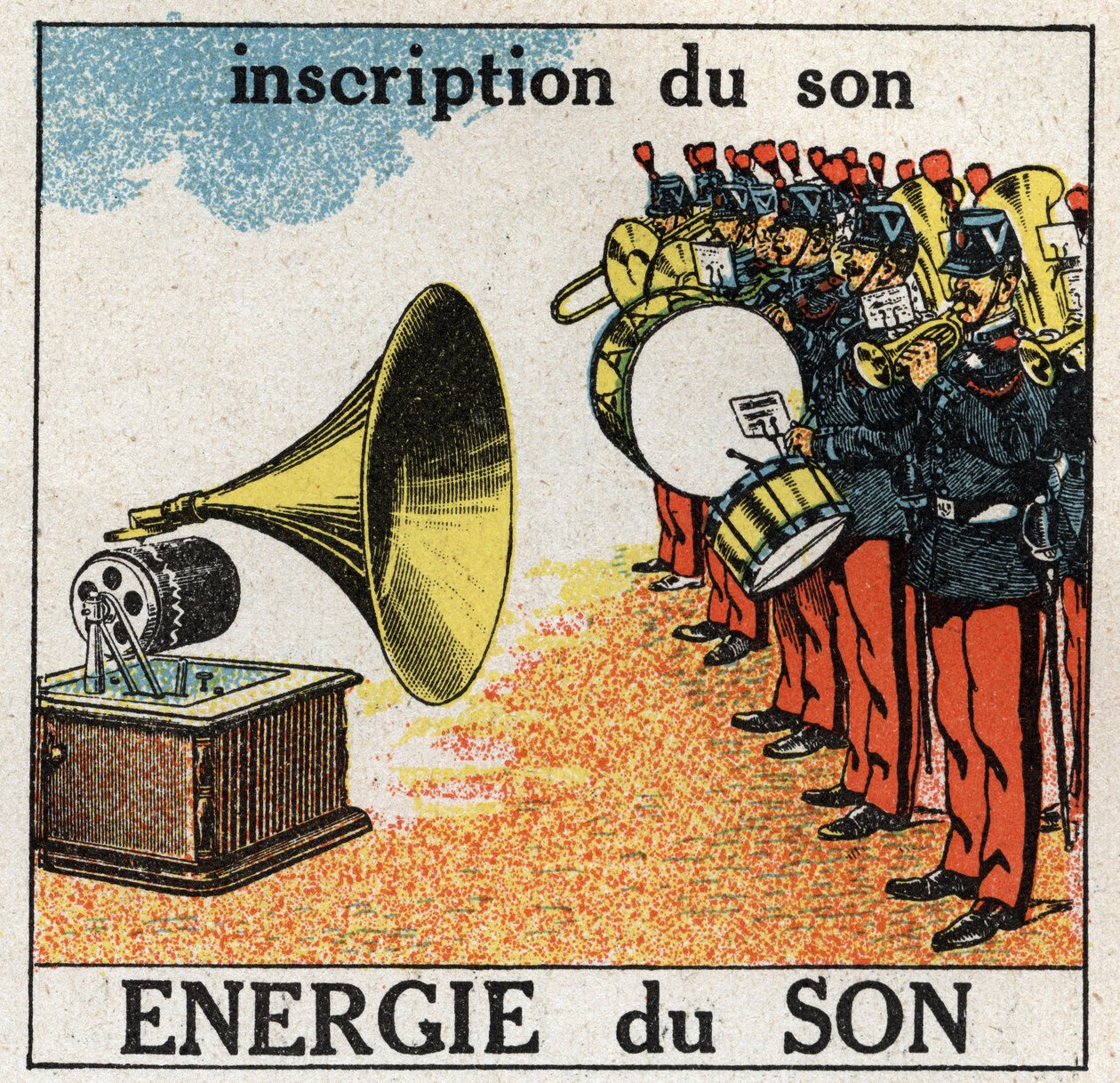 Zvuková energie: nahrávání hudby vojenské kapely pomocí gramofonu. Anonymní ilustrace z roku 1925. Soukromá sbírka. od Anonymous Anonymous
