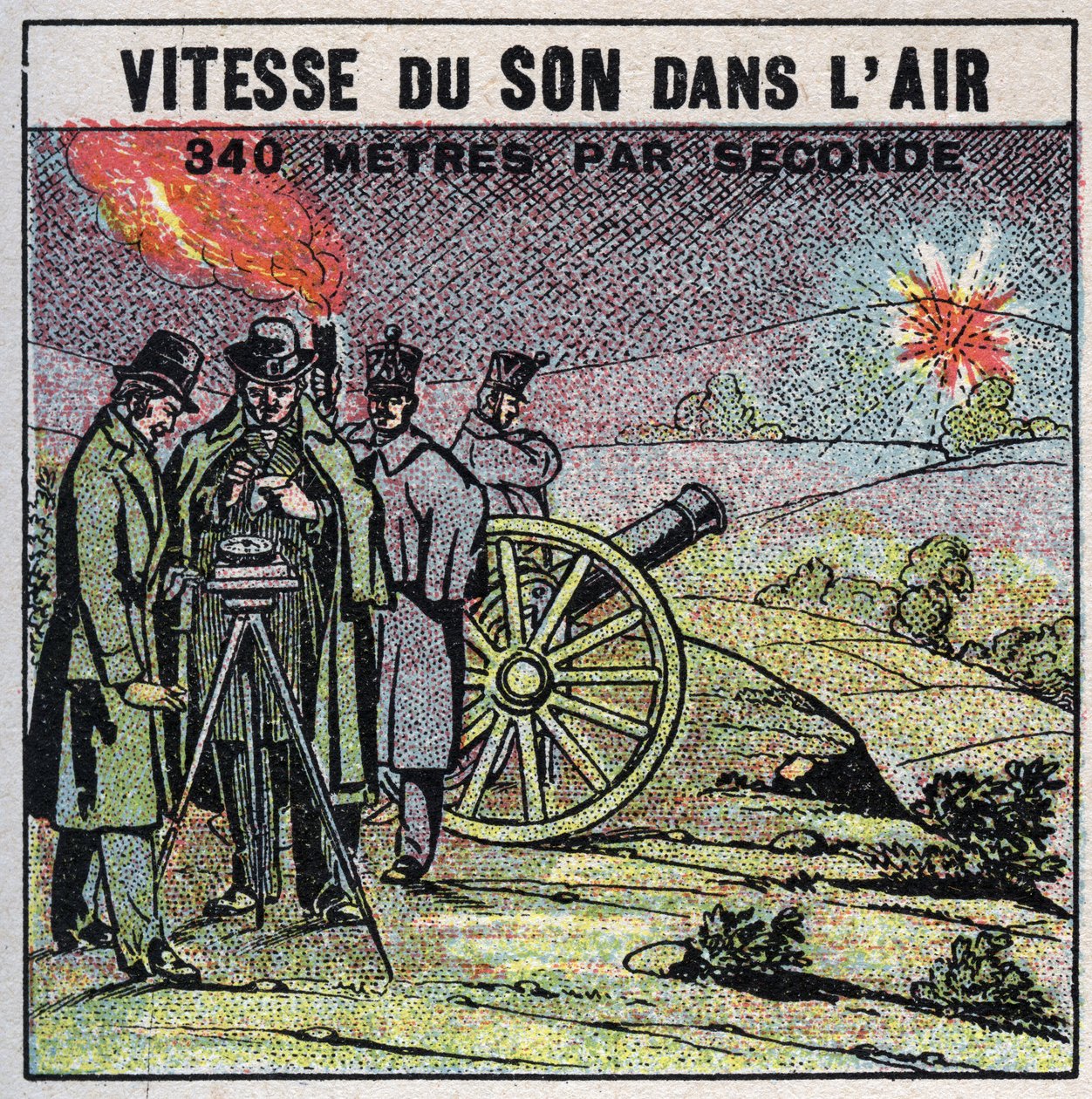 Zvuková energie: rychlost zvuku ve vzduchu. Zkušenosti z roku 1822 Louis-Joseph Gay-Lussac (Louis Joseph Gay Lussac) (1778-1850) a Francois Arago (1786-1853), kteří vypálili sérii výstřelů z děla mezi Montlhery a Villejuif. Anonymní ilustrace z roku 1925 od Anonymous Anonymous