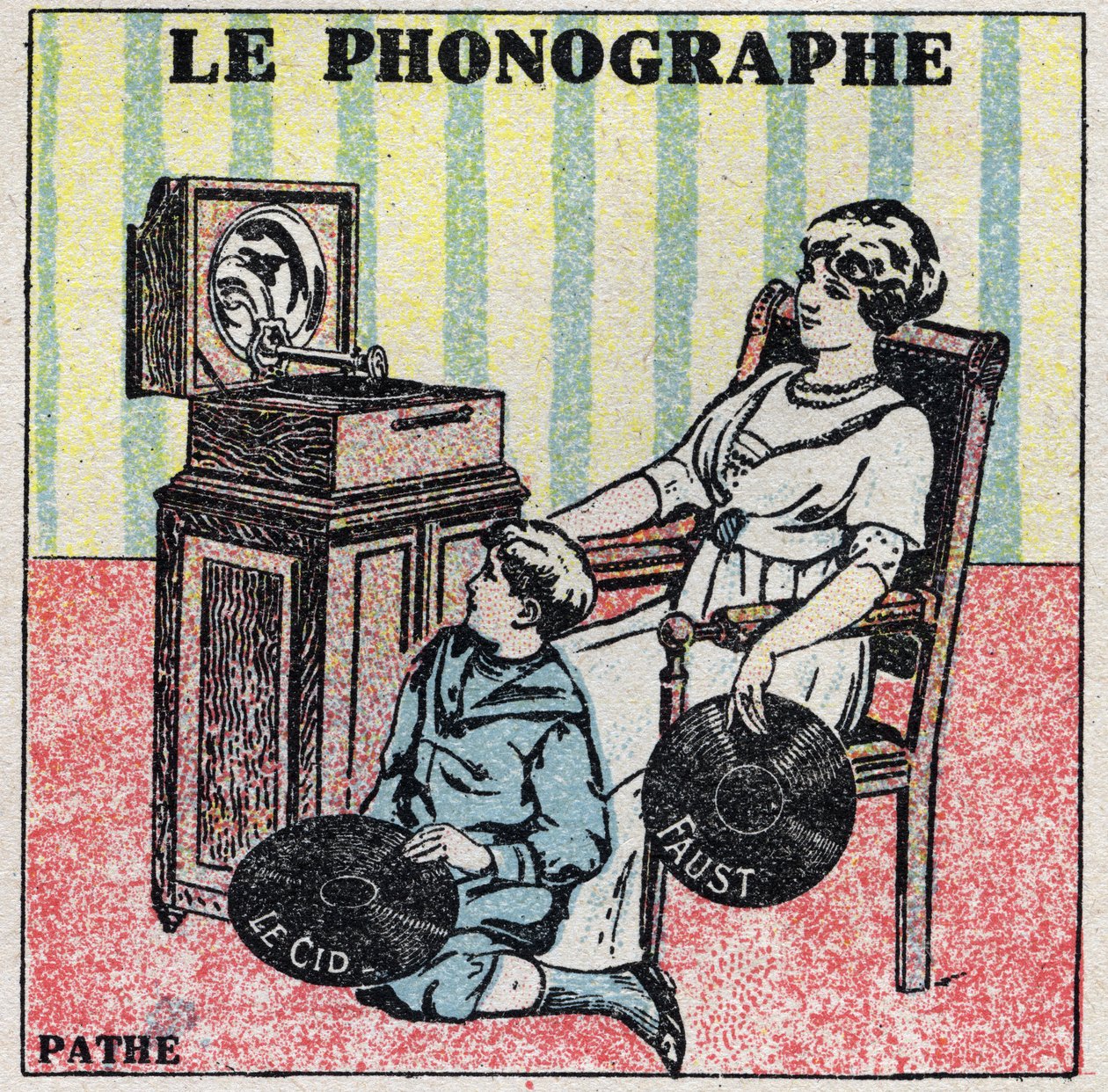 Zvuková energie: fonograf. Matka a její syn poslouchají záznam na fonografu Pathe. Anonymní ilustrace z roku 1925. Soukromá sbírka. od Anonymous Anonymous