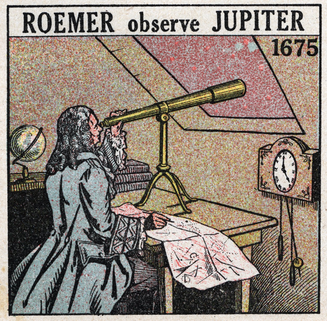 Rychlost světla: Dánský astronom Ole Christensen Romer (Olaus Roemer) (1644-1710) pozoruje zatmění Jupiterových satelitů v letech 1675-1676 a používá je k měření rychlosti světla. Anonymní ilustrace z roku 1925. Soukromá sbírka. od Anonymous Anonymous