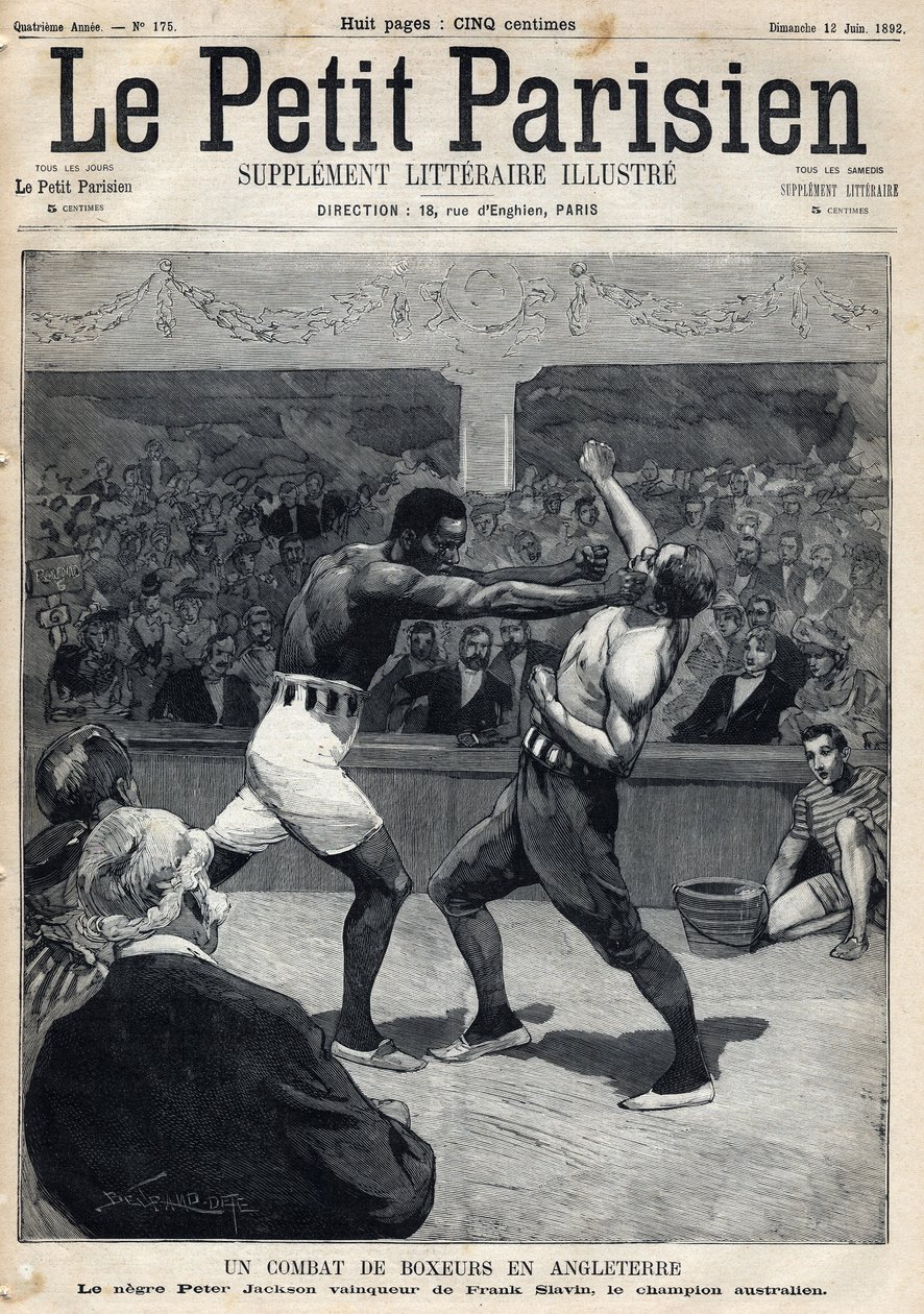 Sport, box: Boxerský zápas v Anglii mezi Peterem Jacksonem a australským šampionem Frankem Slavinem. Rytina. Jeden z novin „Le petit parisien“ dne 12.06.1892. Soukromá sbírka od Anonymous Anonymous