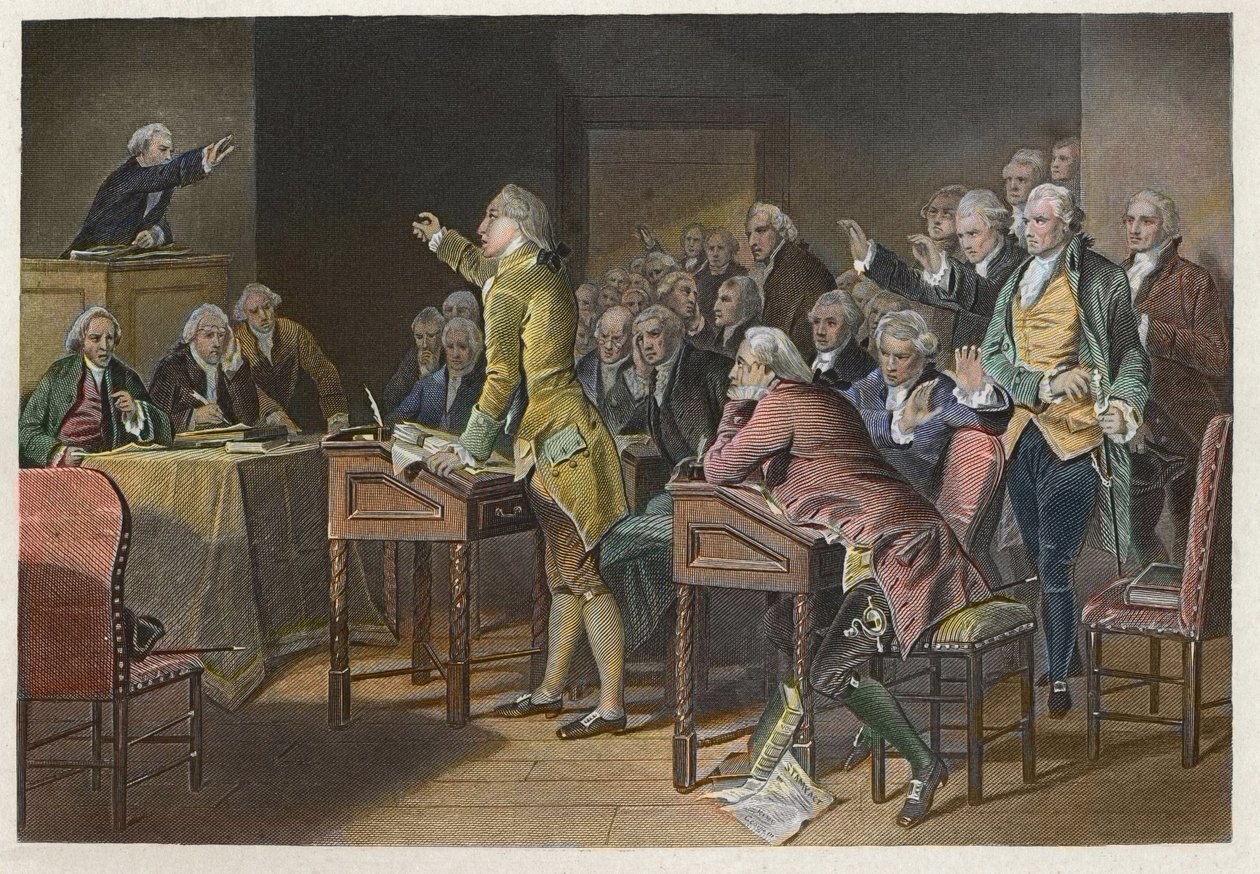 Stamp Act (Zákon o povinnostech v amerických koloniích) – americký revoluční vůdce Patrick Henry (1736–1799) vystoupil proti zákonu o známkách ve Virginia House of Burgesses v roce 1765 – Projev Patricka Henryho proti zákonu o známkách v roce 1765 před Hou od Anonymous Anonymous