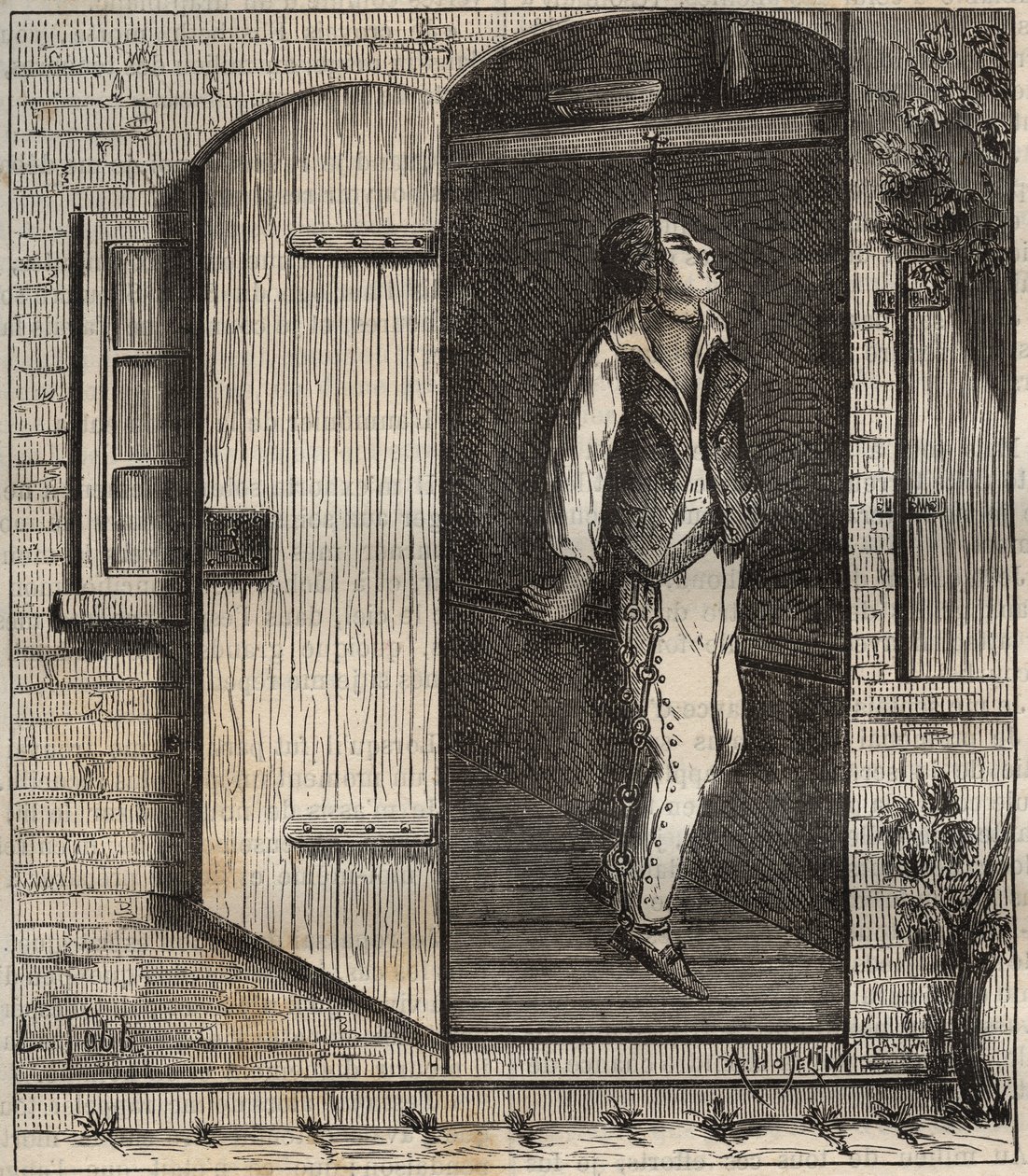 Sebevražda ve věznici Rochefort v roce 1840. Rytina do „Historie věznic od jejich vzniku po současnost“ (1877) od Pierra Zacconeho (1817-1895) (Colonia Penale - Trestná kolonie). Soukromá sbírka. od Anonymous Anonymous