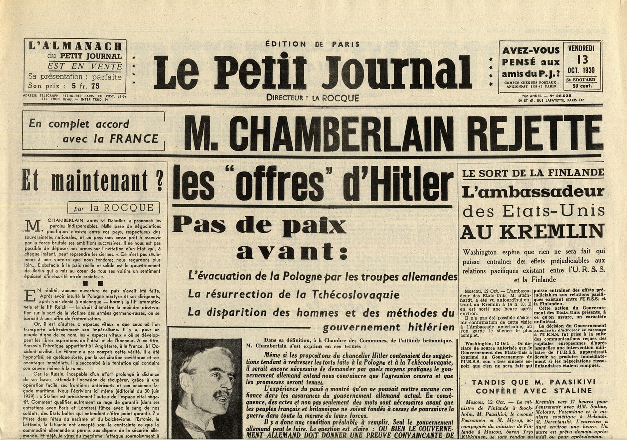 THE SMITTLE JOURNAL PÁTEK 13. ŘÍJNA 1939 Neville CHAMBERLAIN (1869-1940) ODMÍTNUTÍ nabídek Adolfa Hitlera od Anonymous Anonymous