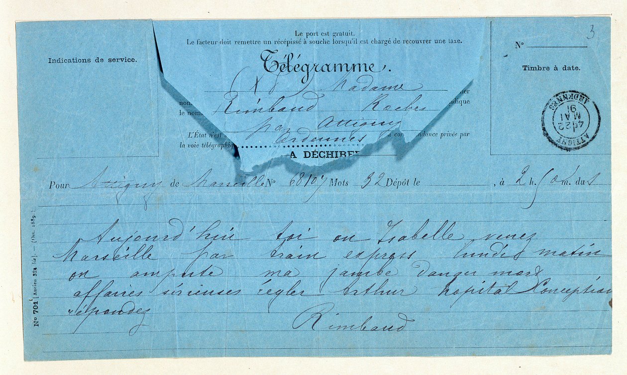 Telegram od Rimbauda jeho matce, Marseille, 22. května od Anonymous Anonymous