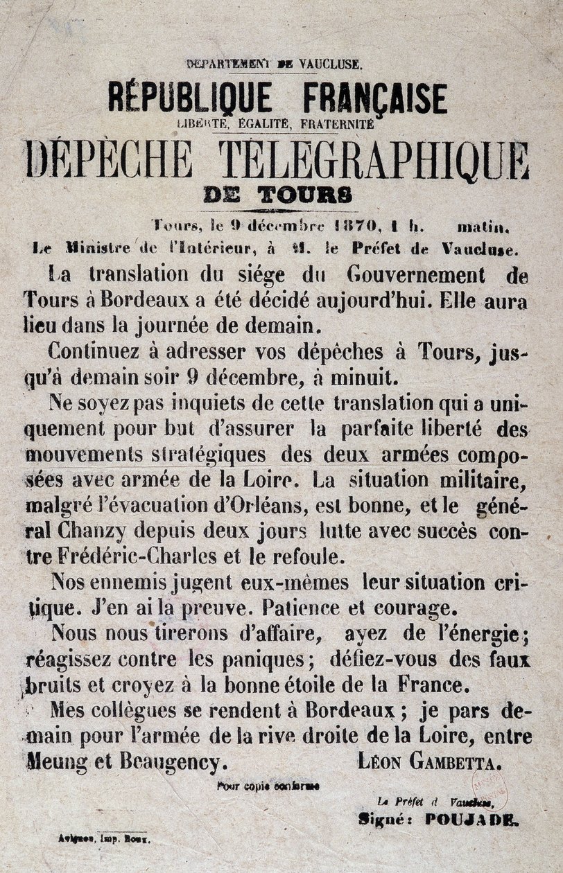 Telegrafické zprávy o Tours z 12. září 1870 od Léona Gambetty. od Anonymous Anonymous