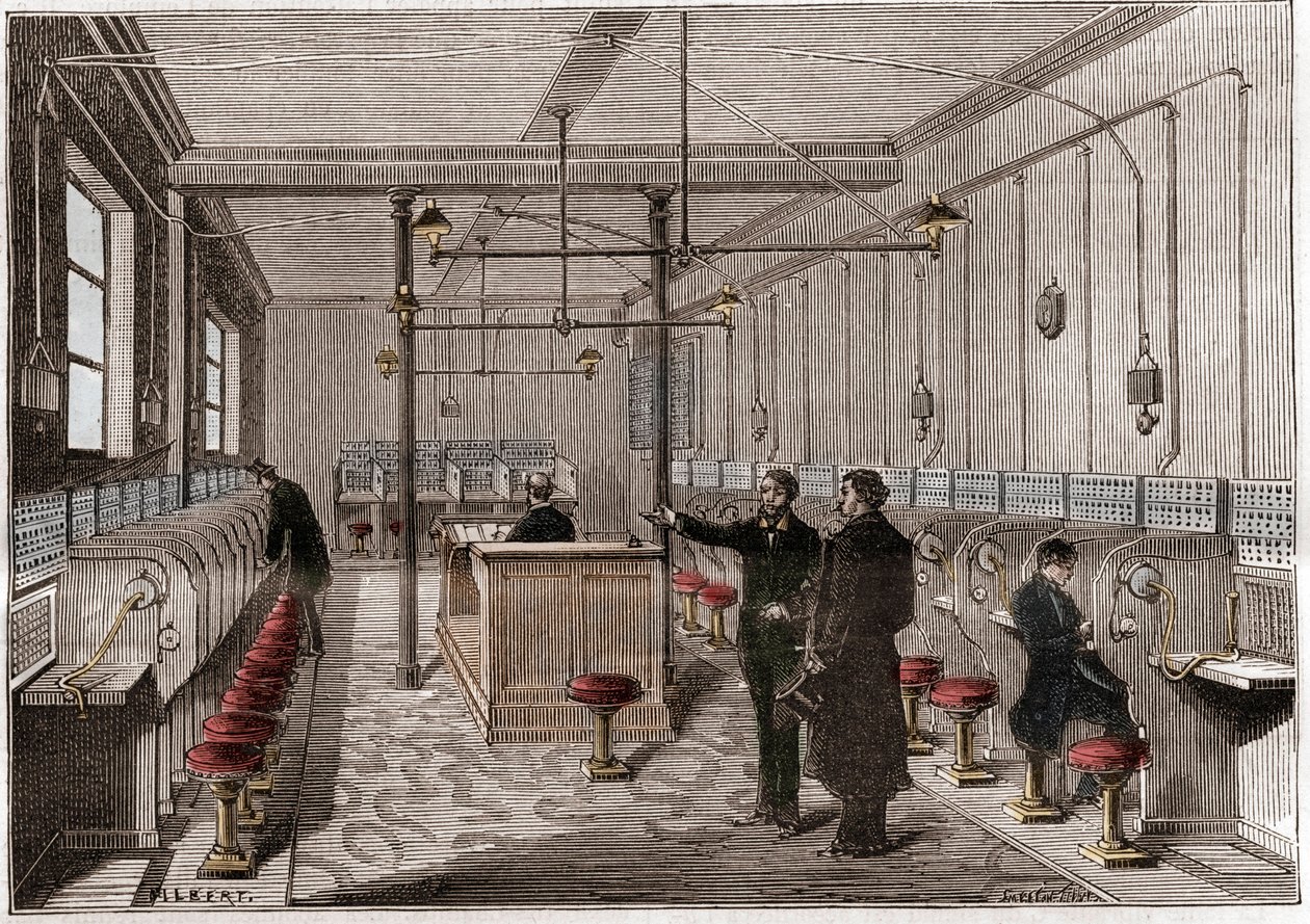 Telefonní ústředna postavená podle telekomunikačního systému Edison Gower-Bell - první centrální telefon v Paříži v roce 1879 - systém Američana Fredericka Gowera - rytina „“La nature““ z roku 1880 od Anonymous Anonymous