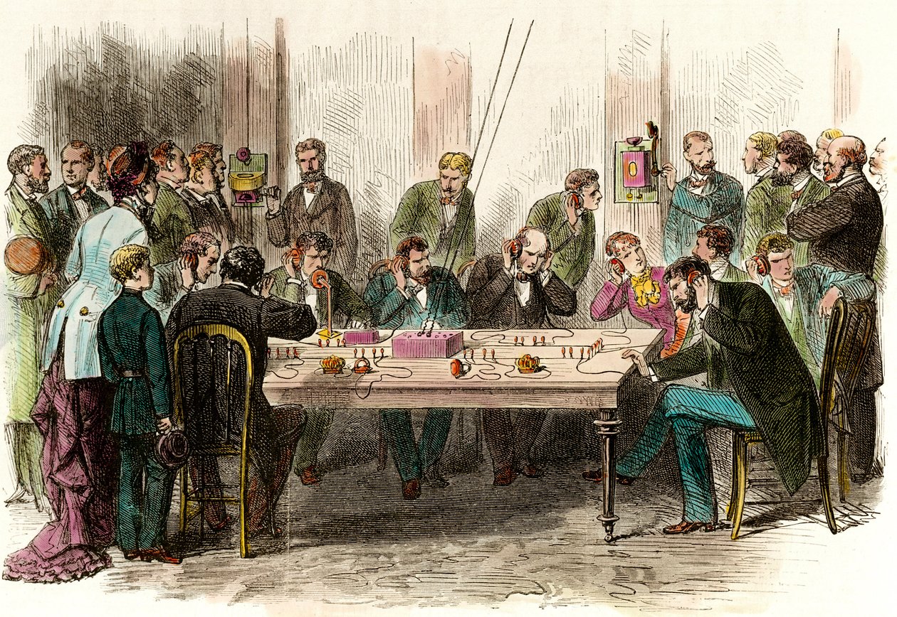 Zkušenosti s telefonováním v čekárně stanice Saint Lazare (Saint-Lazare) v Paříži dne 6. 9. 1879. Rytina soukromé sbírky 19. století od Anonymous Anonymous