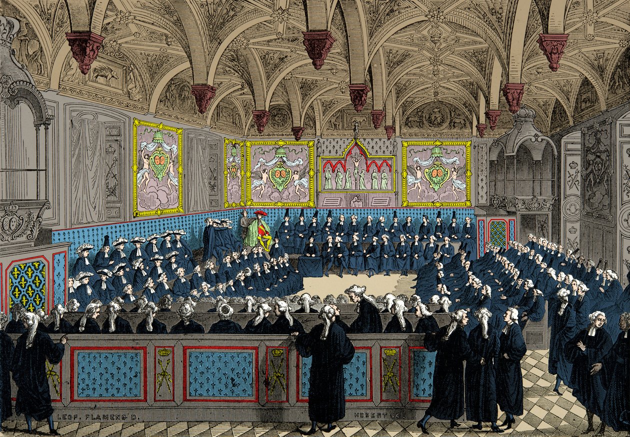 Shromáždění parlamentu v roce 1787 za přítomnosti krále Ludvíka XVI., Rytina, soukromá sbírka od Anonymous Anonymous