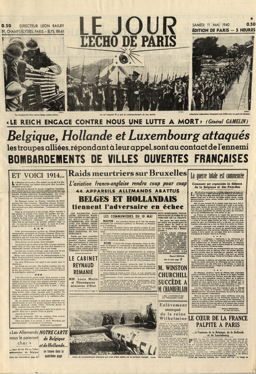 Bitva o Belgii nebo belgická kampaň - 18denní kampaň - Německá invaze do Belgie během druhé světové války - Journal “” Le Jour. L