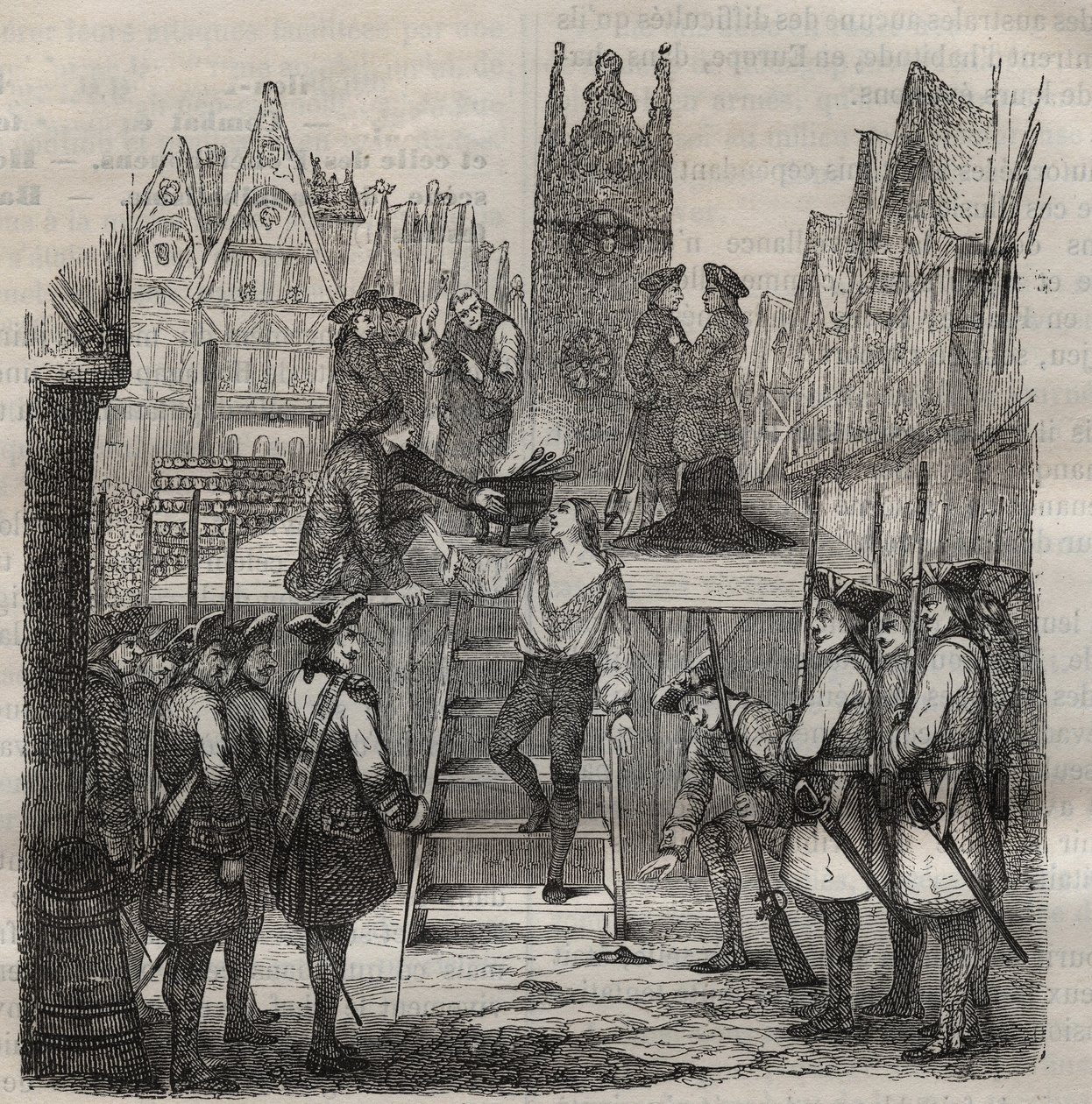 Rytíř Francois-Jean Lefebvre de La Barre (Francois Jean Lefebvre de LaBarre) vystupující na popravu v roce 1766. Rytina v „Historie věznic od jejich vzniku až po současnost“ (1877) od Pierra Zaccone (1817-1895) (Colonia Penale - Trestanec od Anonymous Anonymous
