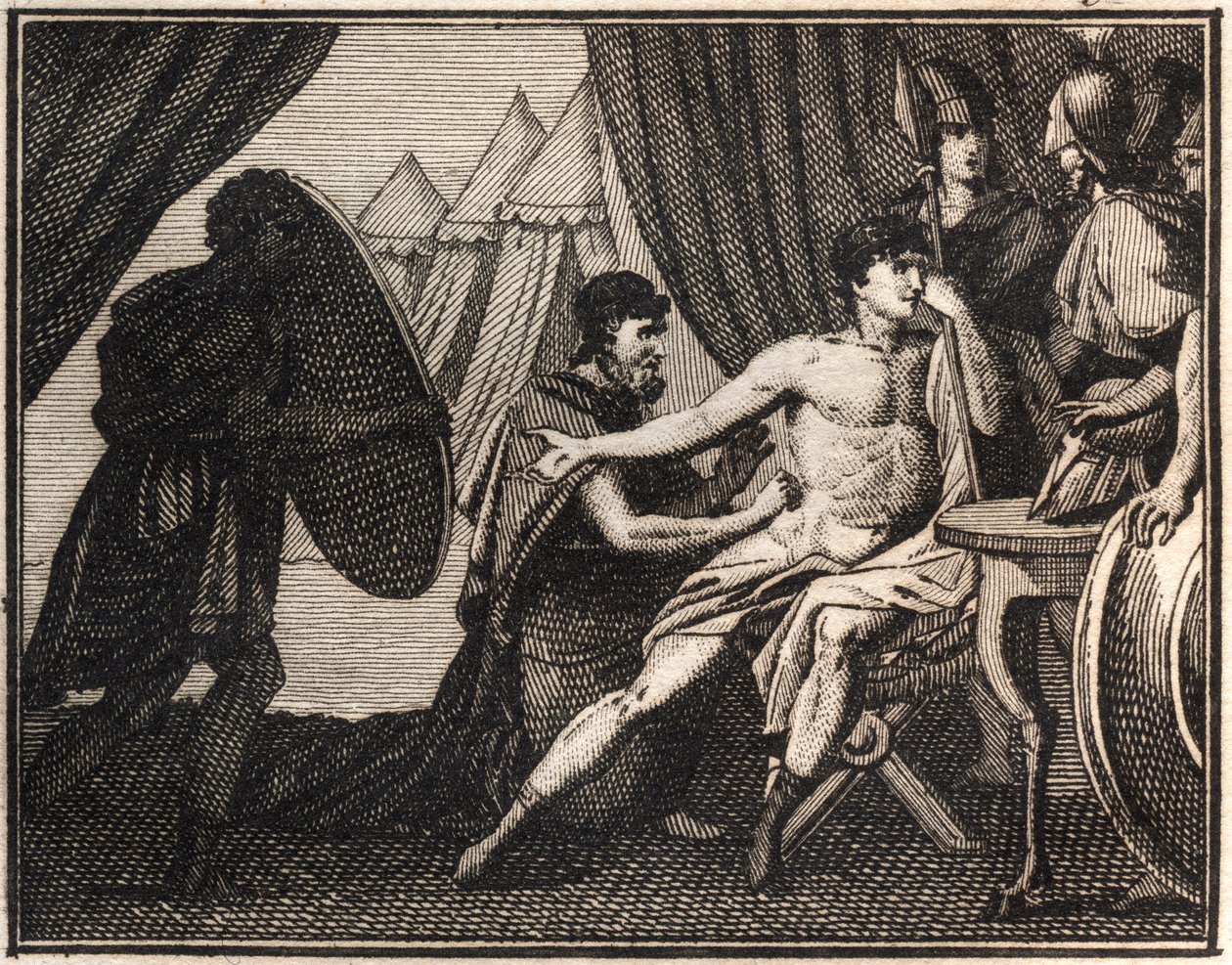 Smrt Epaminondas (po bitvě proti Sparťanům u Mantineie 362 př.nl). Rytina z „“The Rollin of Youth or Selected Pieces of Ancient and Roman Stories”” 1816. Soukromá sbírka. od Anonymous Anonymous