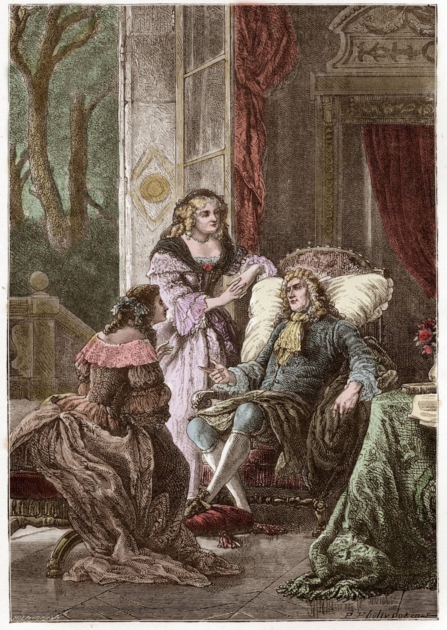 Vévoda Francois de La Rochefoucauld (1613-1680), markýza Madame de Sevigne (1626-1696) a hraběnka de La Fayette (1634-1693), francouzští spisovatelé - Rytina Hildebrand podle P. Philippoteaux - (Duke Francois Rochefoucauld (1613-1680), Marc od Anonymous Anonymous