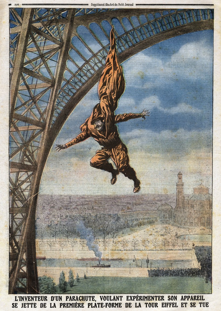 Francouzský krejčí rakouského původu Franz (nebo Francois) Reichelt (1879-1912), vynálezce padáku, který chce experimentovat se svým letounem, se vrhne z první plošiny Eiffelovy věže a zabije se. Rytina v „“Le Petité Journal““, na od Anonymous Anonymous
