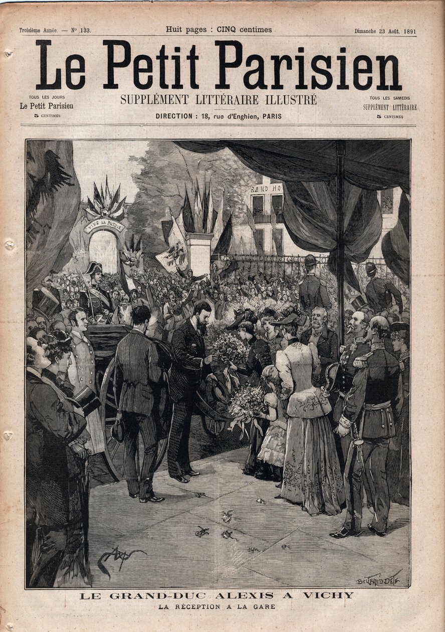 Velkovévoda Alexis Alexandrovič (Aleksej Alexandrovič Romanov) (1850-1908) ve Vichy - Recepce na vlakovém nádraží - Rytina v „Le petit Parisien““ z roku 1891 - Soukromá sbírka od Anonymous Anonymous