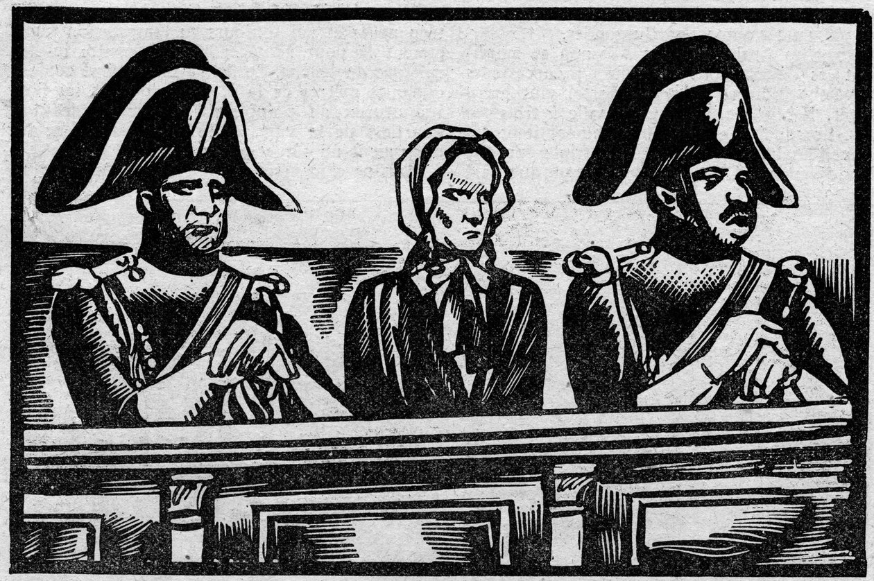 Případ Henriette Cornier, zastoupená na tribuně v jejím procesu za vraždu kojence, poblíž jejích zaměstnavatelů v listopadu 1825. Ilustrace převzata z „“Le petit journal illustrious““ 1931 od Anonymous Anonymous