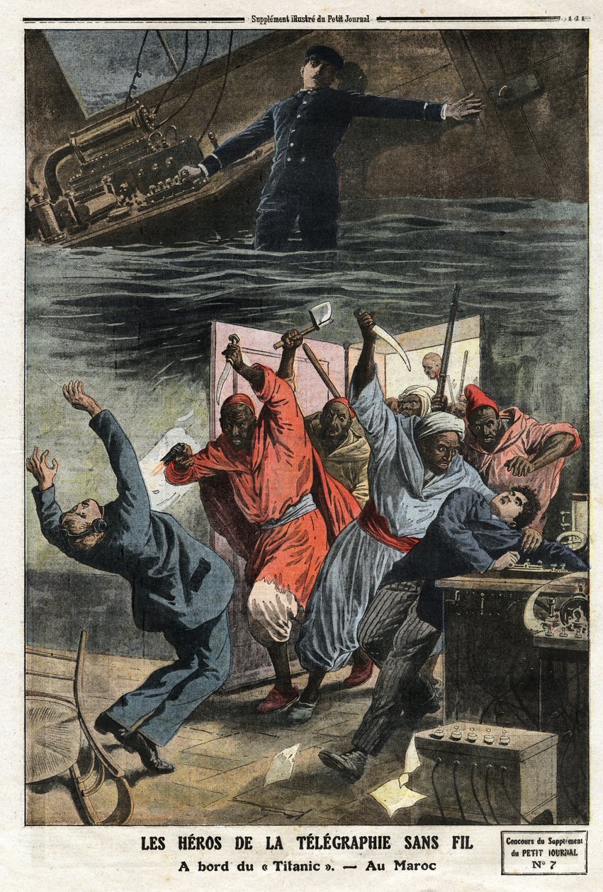Hrdinové bezdrátové telegrafie: Na palubě „Titanic“ pokračuje hlavní telegrafista pan Phillips v odesílání tísňových zpráv navzdory stoupající vodě v telegrafické budce. V marockém Fezu byli čtyři zaměstnanci TSF napadeni marockými lupiči. Gravírování v „“ od Anonymous Anonymous