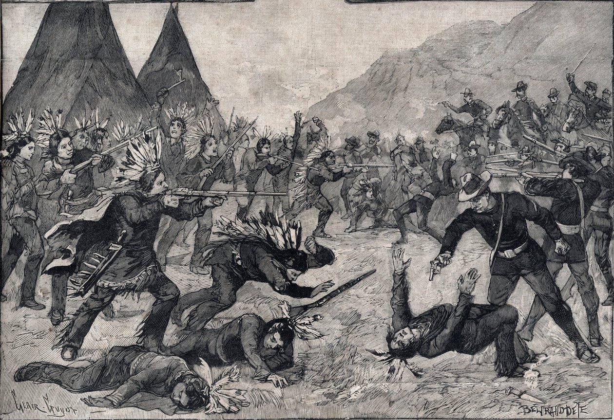 Indické povstání ve Spojených státech: boj mezi siouxskými indiány a americkými jednotkami. Rytina „Le petit Parisien““ z roku 1891. Soukromá sbírka. od Anonymous Anonymous