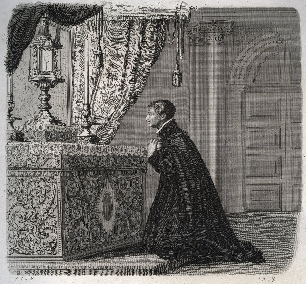 Italský jezuita Louis de Gonzague (San Luigi Gonzaga) (1568-1591) v modlitbě. Rytina z roku 1846 v „Životech svatých““. Soukromá sbírka. od Anonymous Anonymous