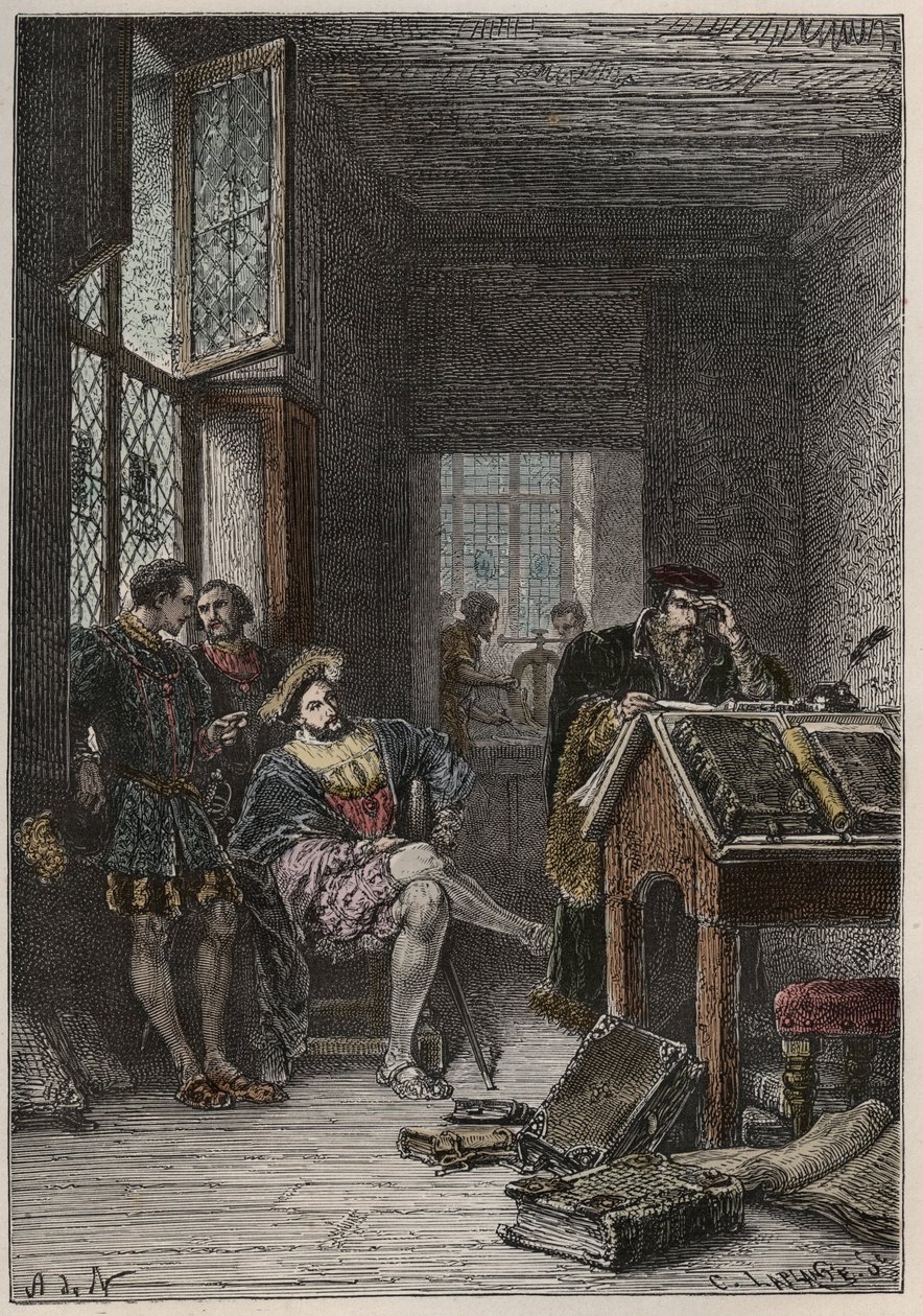 Francouzský král Francois I. (1494-1547), ochránce umění a literatury, návštěva dílen tiskařů Estienne (Robert Estienne), kolem roku 1540 (francouzský král František I. návštěva dílen královských typografů Estienne od Anonymous Anonymous