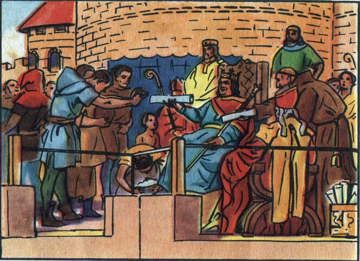 Francouzský král Ludvík VI. Velký (1081-1137) udělující Chartu městu Paříži. Anonymní ilustrace v “” Collection des souverains et chefs d