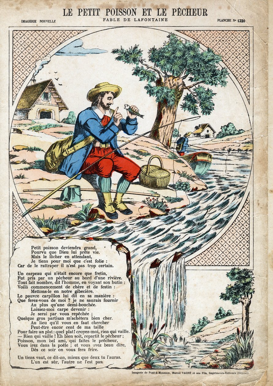 Rybička a rybář. Anonymní ilustrace pro Les Fables od Jean de LA FONTAINE (Lafontaine) (1621-1695). Imaging of Pont-a-Mousson, circa 1880. Soukromá sbírka. od Anonymous Anonymous