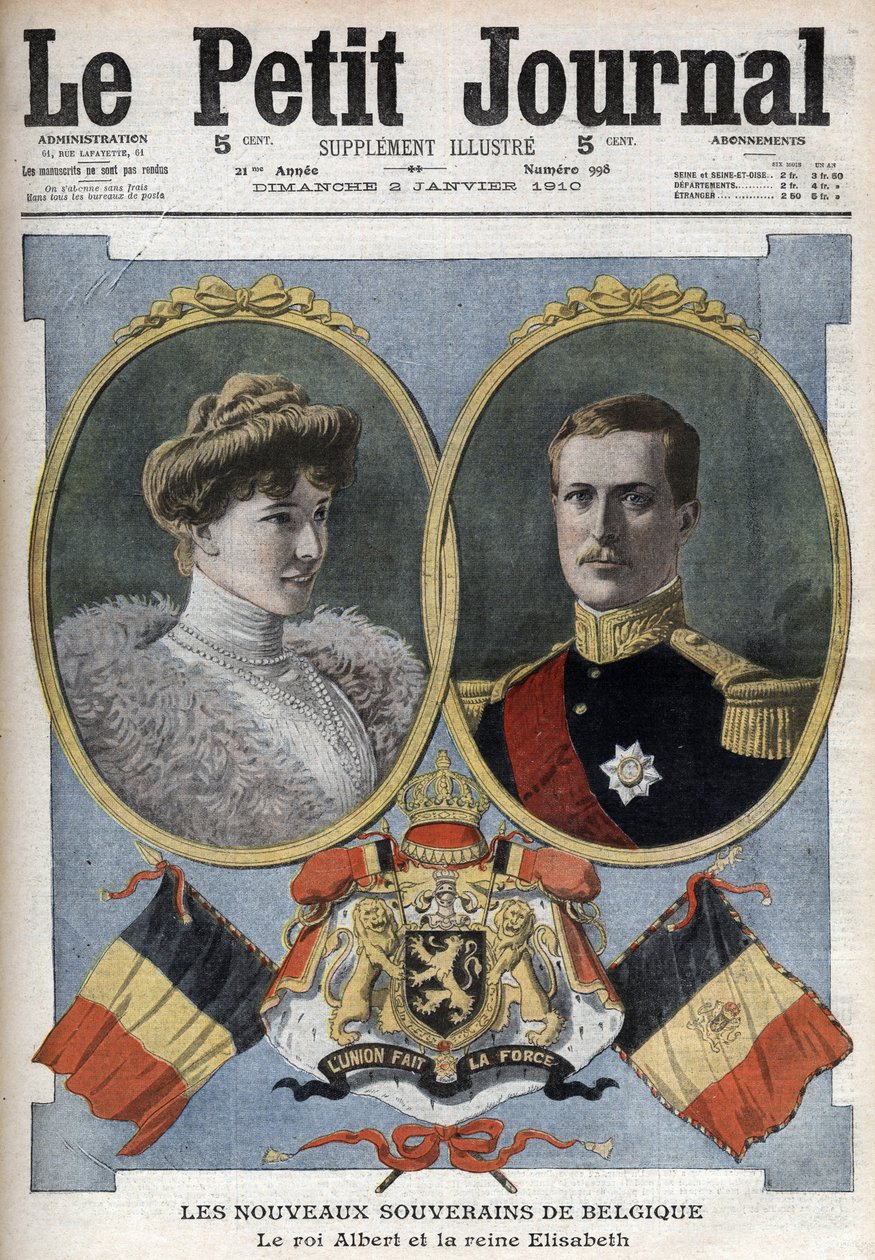 Nový panovník Belgie – král Albert I. a královna Alžběta Bavierská – V „The Petity Journal“ z ledna 1910 – Albert I. král Belgie (1875-1934) s manželkou Alžbětou Bavorskou (1876-1965) od Anonymous Anonymous