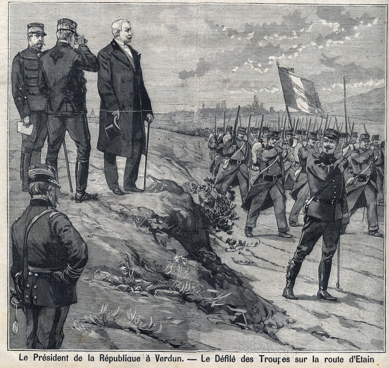 Prezident republiky Felix Faure (1841-1899) navštíví Verdun (Meuse): soutěsku vojenské školy na silnici Etin. Gravírování „“Le Petro Parisien““ od Anonymous Anonymous