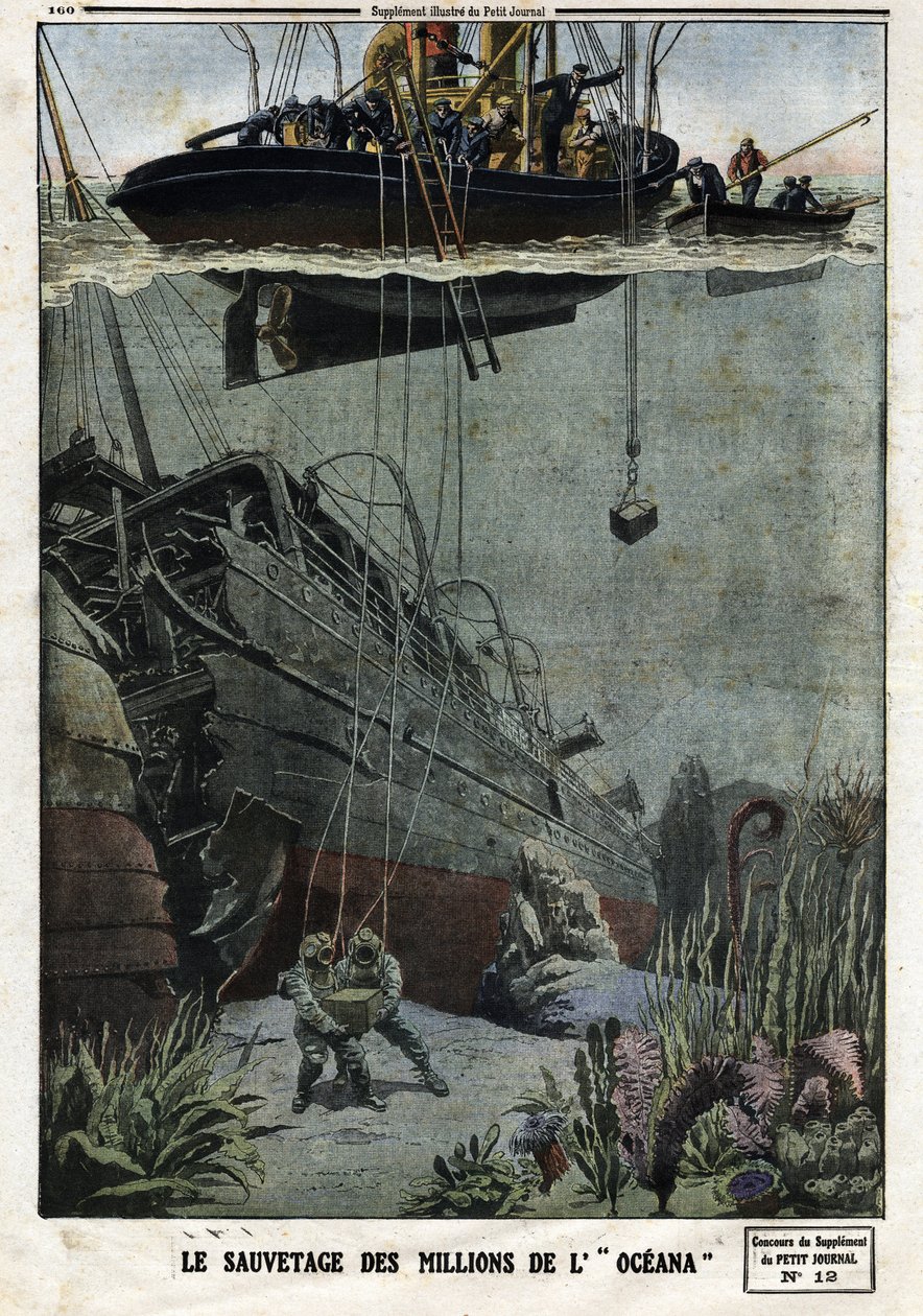 The Rescue of the Millions of the Oceana: Scaphandlers se ponoří z Eastbourne, aby vyzvedli 18 milionů kovů, které měl britský parník dopravit do Indie. Rytina v “” Le Petite Journal””, dne 19.5.1912. Soukromá sbírka. od Anonymous Anonymous