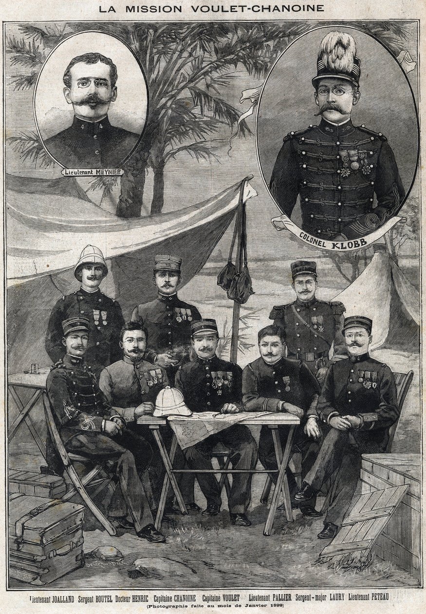 Francouzská expedice Voulet Chanoine (Voulet-Chanoine) za koloniálním dobytím Čadu: portrét poručíka Octave Meyniera (1874-1961) a plukovníka Arsene Klobba (1857-1899) zleva dole: poručík Joalland, seržant Boutel, doktor od Anonymous Anonymous