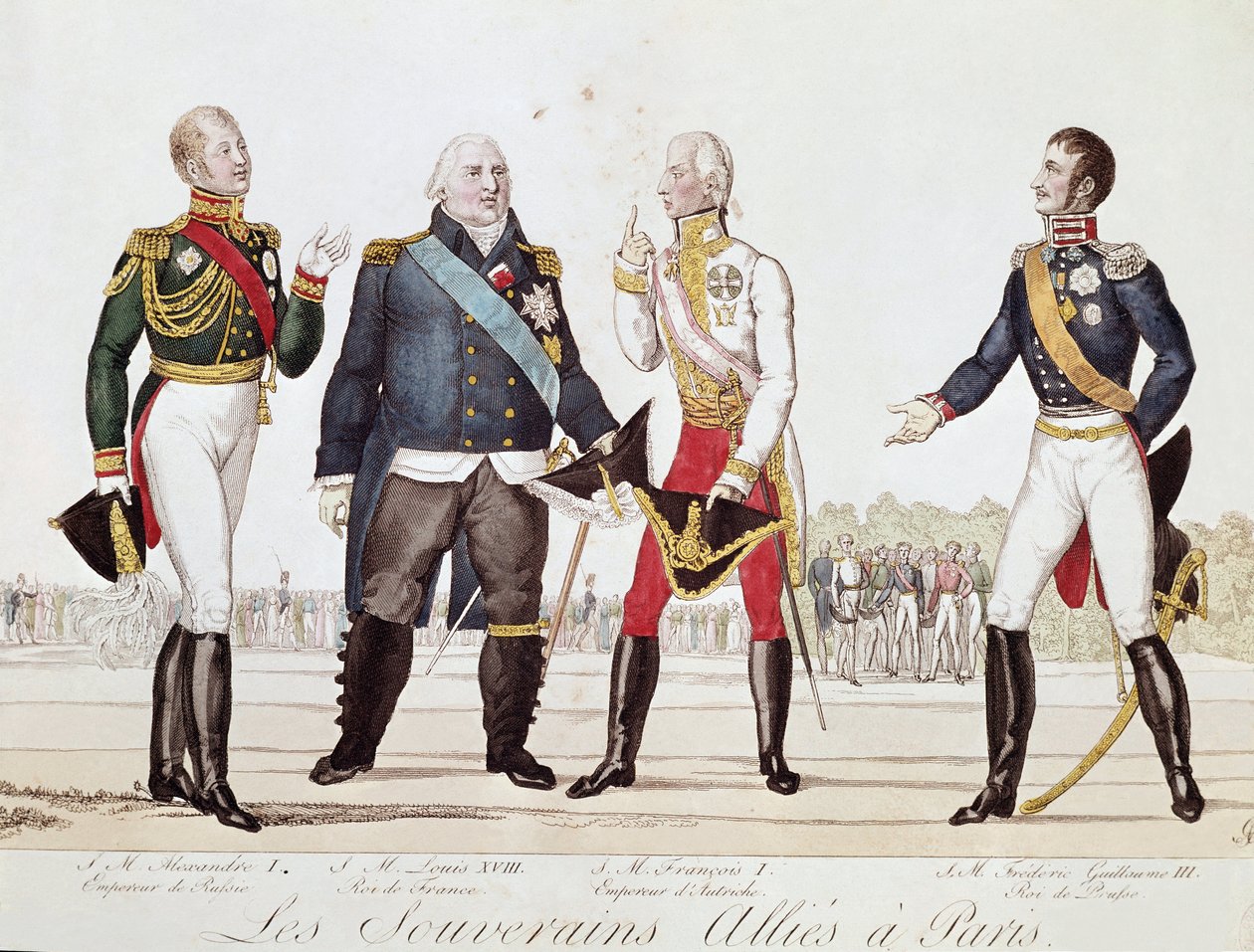 Spojenečtí panovníci: Alexander 1. Ruska, Ludvík XVIII. Francouzský, Francois II. Rakouský a Fridrich Vilém III. Pruský při podpisu Aliance v Paříži v září 1815 (litografie od Anonymous Anonymous