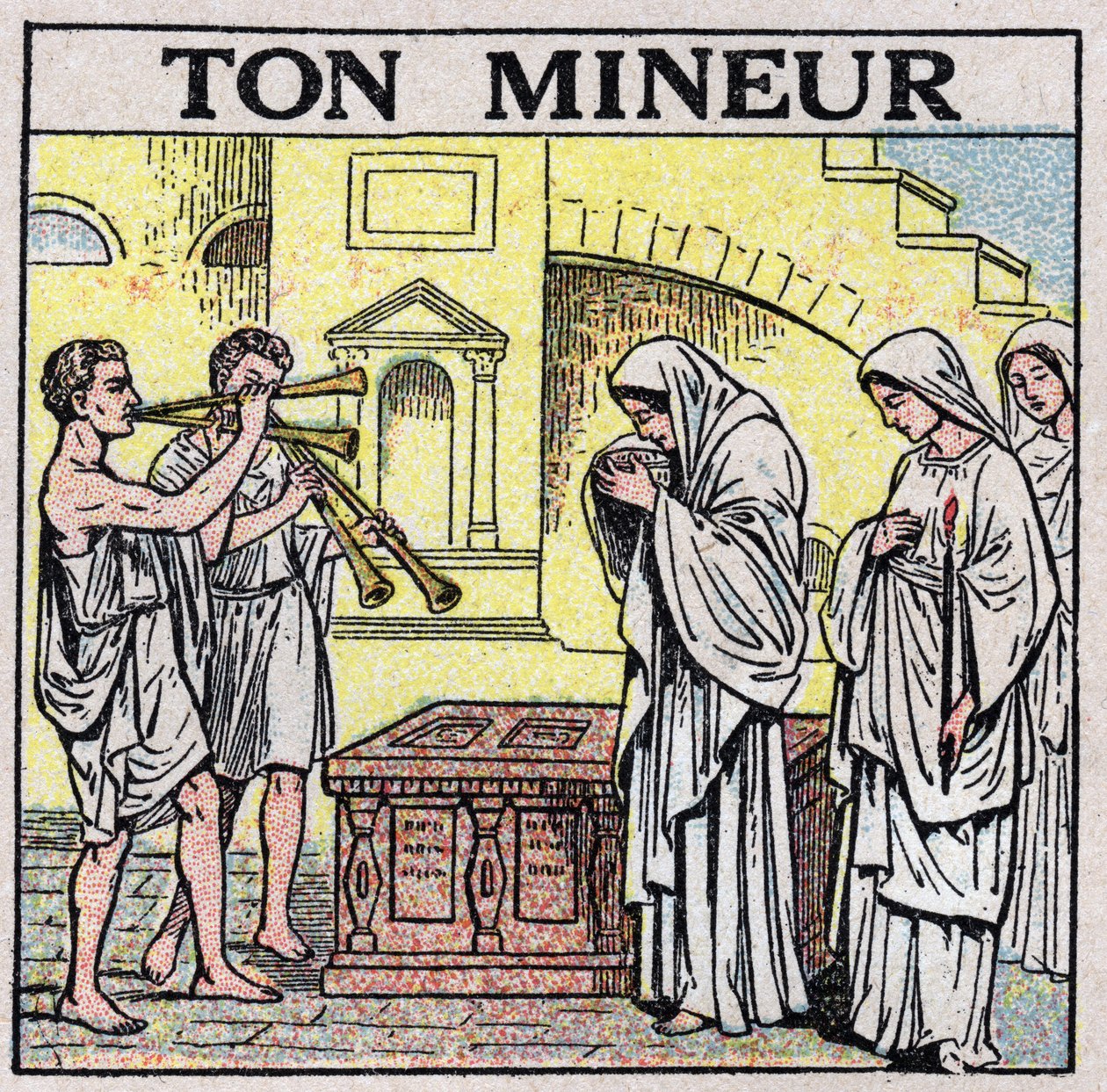 Umění zvuků: váš horník. Hráči na dvojitou flétnu na ulici v dávných dobách (během pohřbu?). Anonymní ilustrace z roku 1925. Soukromá sbírka. od Anonymous Anonymous