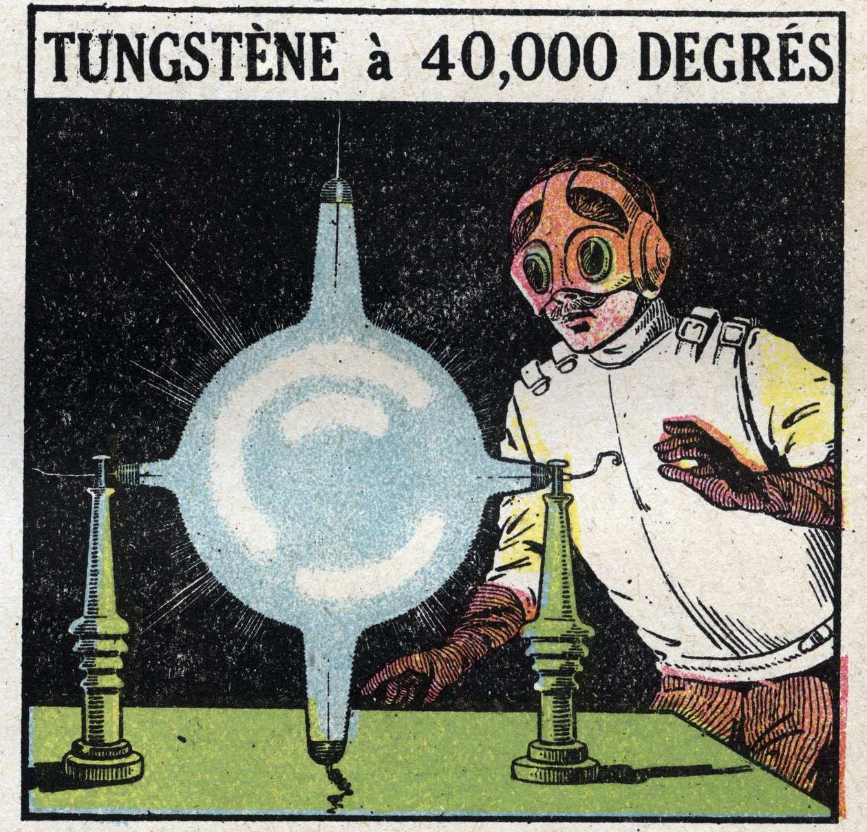 Atom a věda: pokuste se rozpustit wolfram odpařením jemného drátu tohoto kovu na 40 000 stupňů. Anonymní ilustrace z roku 1925. Soukromá sbírka. od Anonymous Anonymous