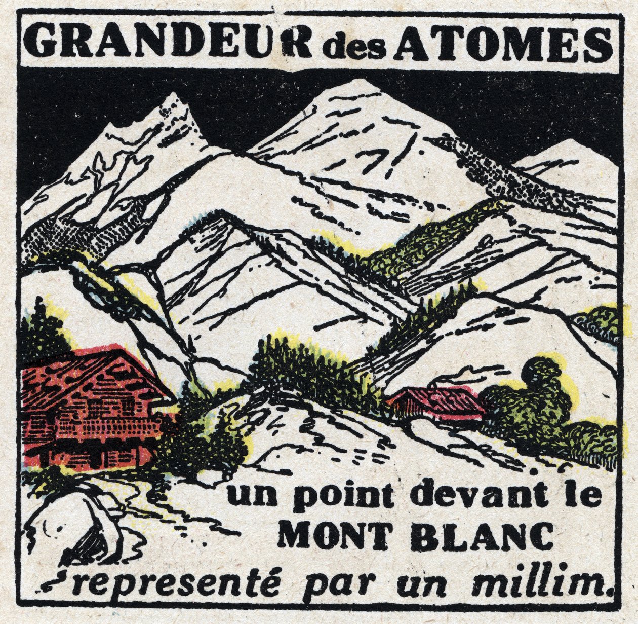 Atom a věda: velikost atomů. Bod před Mont Blancem reprezentovaný milimetrem. Anonymní ilustrace z roku 1925. Soukromá sbírka. od Anonymous Anonymous