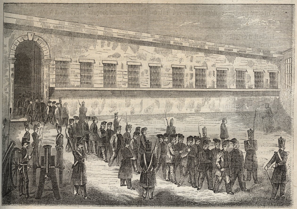 Vězení Rochefort v 19. století. Rytina do „Historie trestanců od jejich vzniku až po současnost“ (1877) od Pierra Zacconeho (1817-1895) (Colonia Penale - Trestná kolonie). Soukromá sbírka. od Anonymous Anonymous